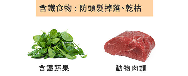 補充含鐵食物可以防掉髮，從蔬菜水果和從動物肉類吸收鐵各佔一半比例是最好的。