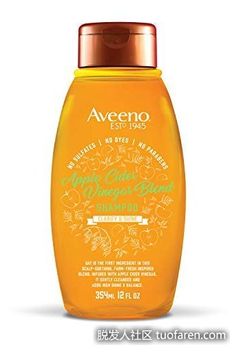 Aveeno 艾惟諾 舒緩頭皮的蘋果醋混合洗髮水：蘋果醋含有大量有益的維生素、酶和氨基酸，共同作用平衡頭皮的pH值，清除任何可能堵塞毛囊和產生頭皮屑的物質。