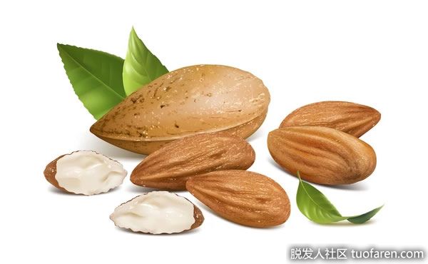 杏仁：這些堅果含有高濃度的生物素，可以讓你的頭髮長得更快、更濃密。一杯咖啡就能提供你每日所需量的近三分之一。在一兩個月後，你應該就能看到把它們添加到你的飲食中的效果了。